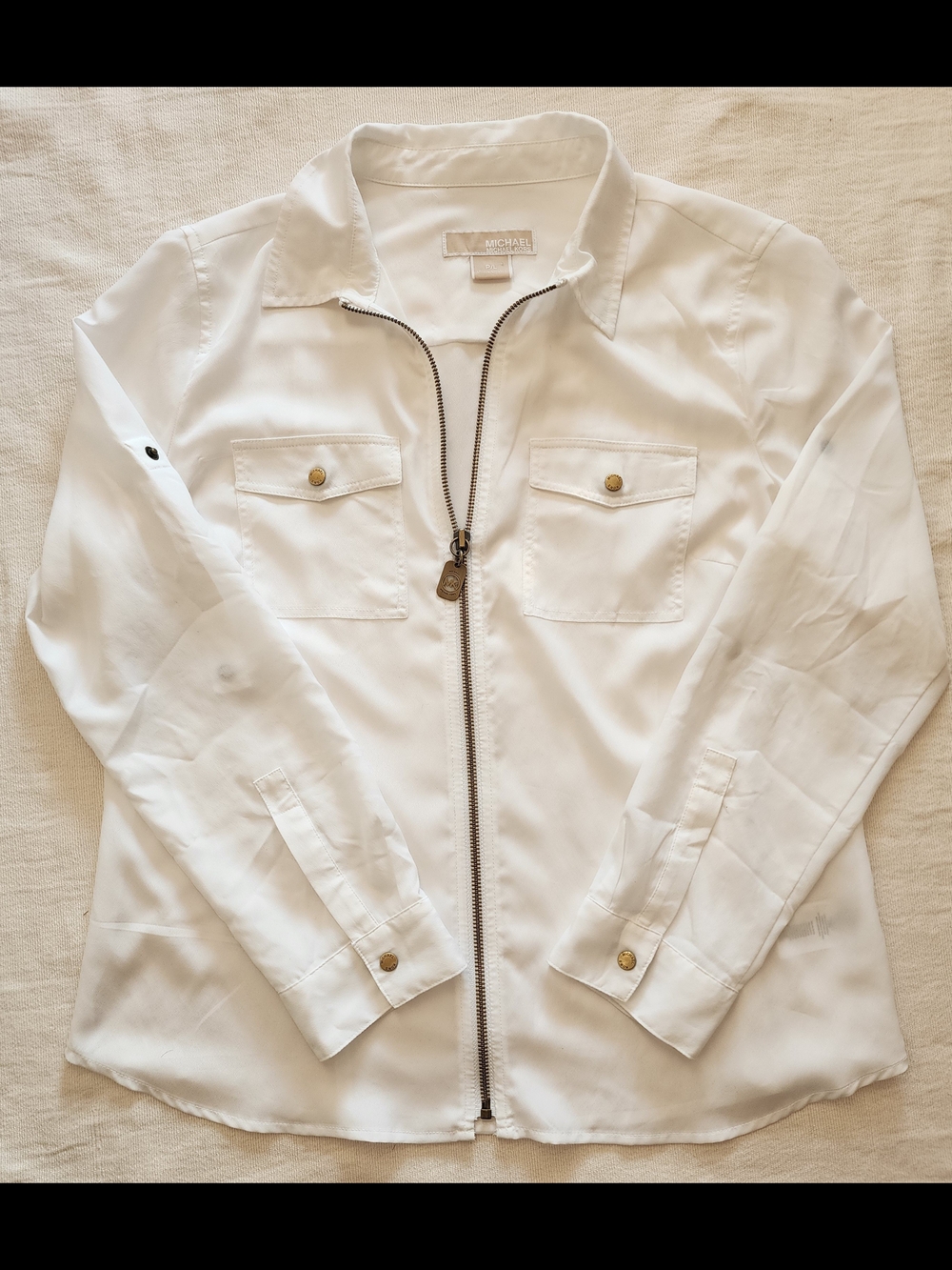 MICHAEL Michael Kors White Zip-Front Utility Blouse - Size M/L